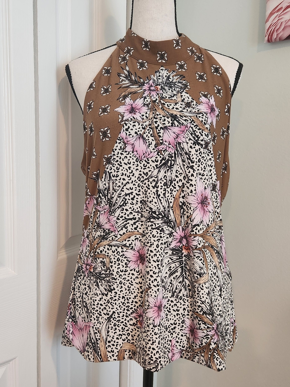 White House Black Market Brown Floral Halter Top with Pink Accents